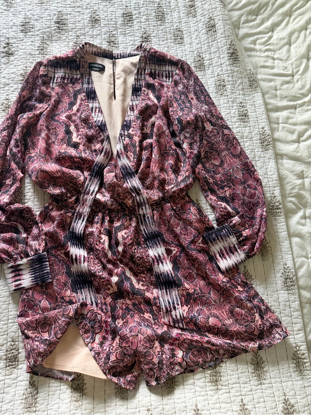 bebe Pink and Black Floral Long-Sleeve Romper